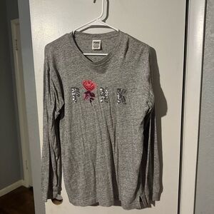 PINK Victoria's Secret Gray Long Sleeve Tee with Pink Rose
